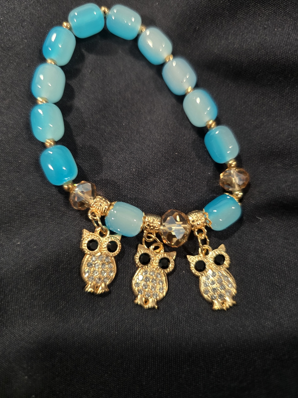 Turquoise Beaded Bracelet with Gold Owl Charms